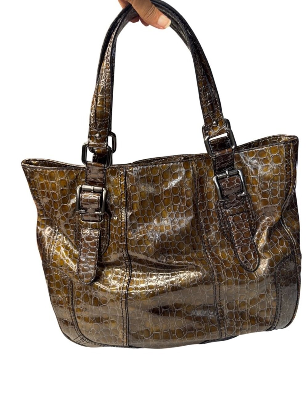 Croc-Embossed Brown Faux Leather Tote With Double Buckle Handles & Glossy Finish